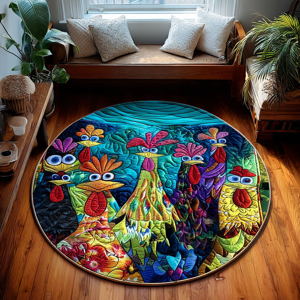 Playful Chicken round rug – patterned chickens on blue