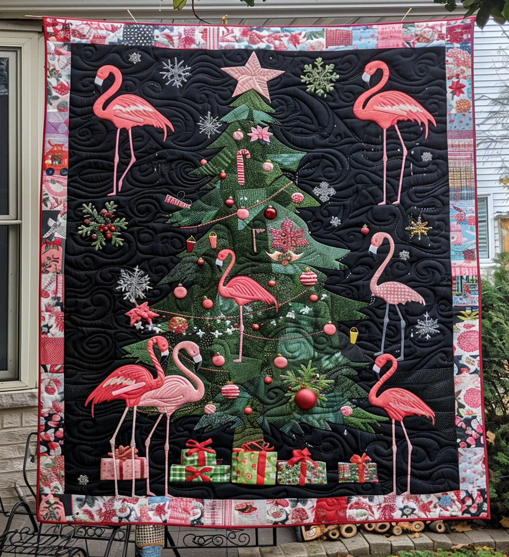 Flamingo Christmas Night quilted throw – pink flamingos round a Christmas tree on black