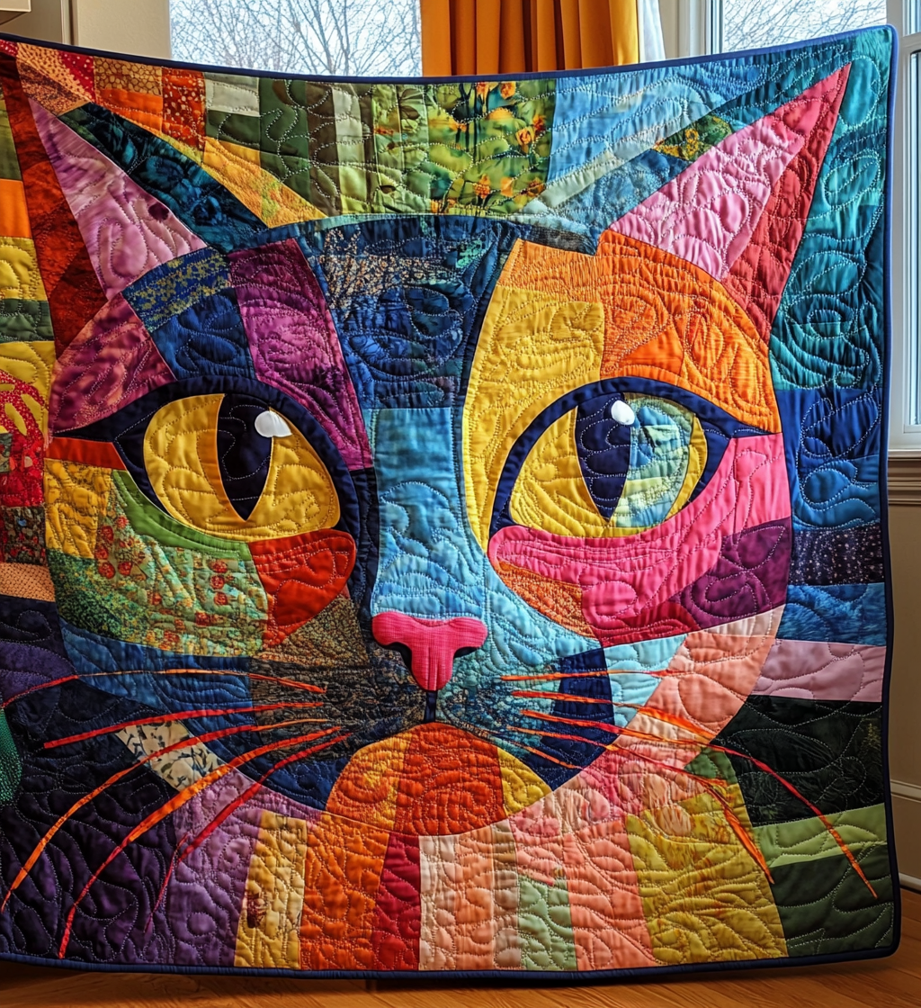Mosaic Cat Face quilted throw – cat face with green eyes in bold mosaic
