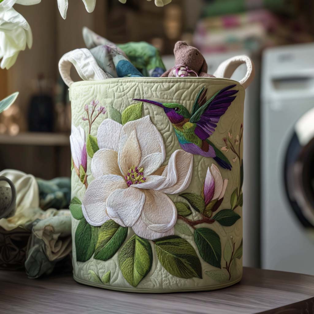 Quilted laundry basket with hummingbirds hovering among trumpet flowers in the Hummingbird Flight design