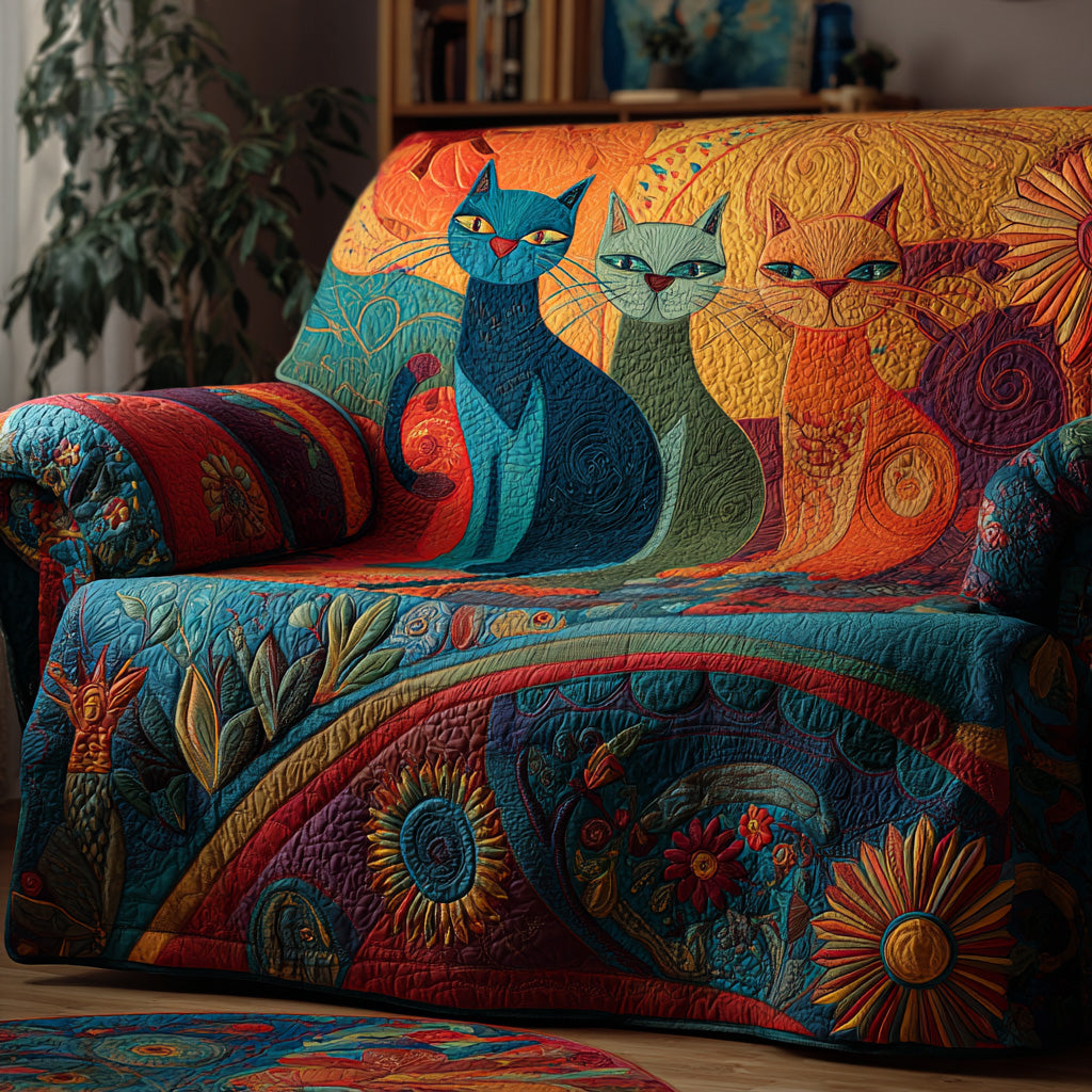 Folk Art Cats quilted sofa cover – folk art cats in bold colour