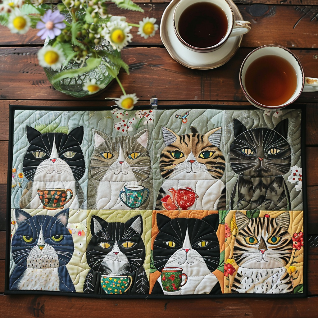 Whisker Cat Wonderland quilted placemats – patchwork cat faces