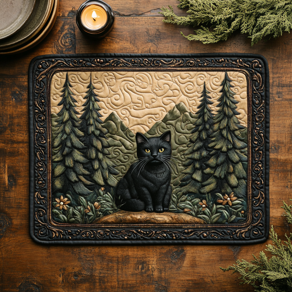 Whisker Hollow quilted placemats – black cat in the pines