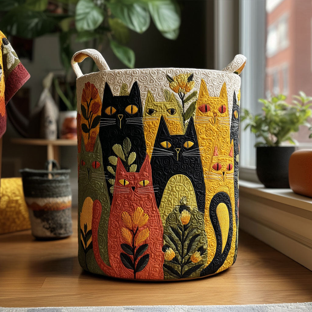 Folk Cat Trio quilted laundry basket – folk cats on gold