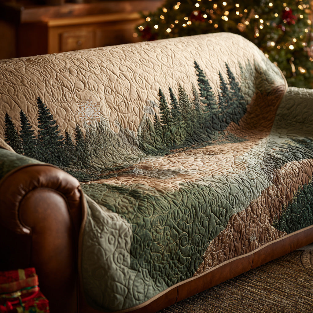 Whisper Forest quilted sofa cover with a pine treeline fading from sage to grey-green into a cream mist
