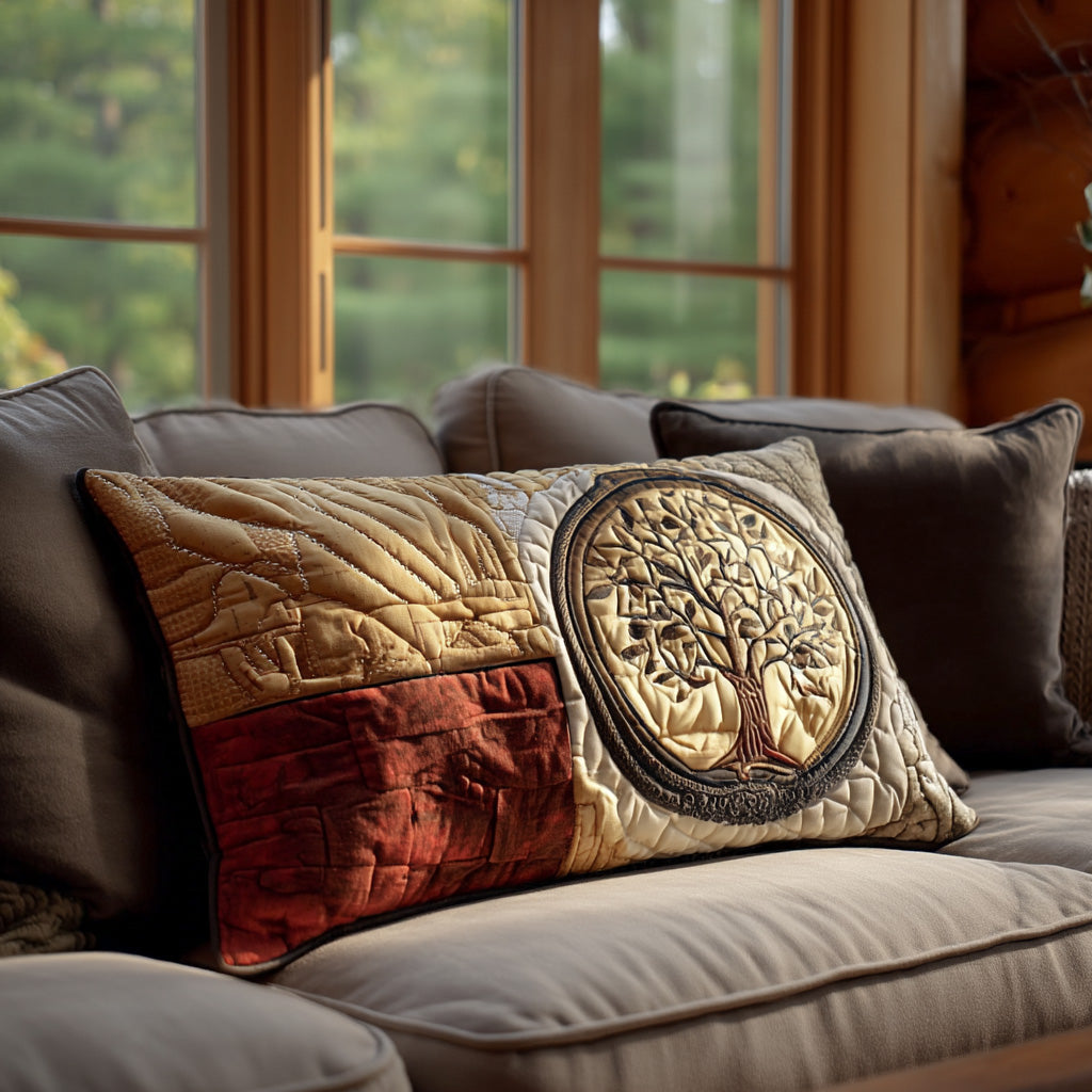Tree of Life Patchwork quilted pillowcase – tree of life on cream and rust patchwork