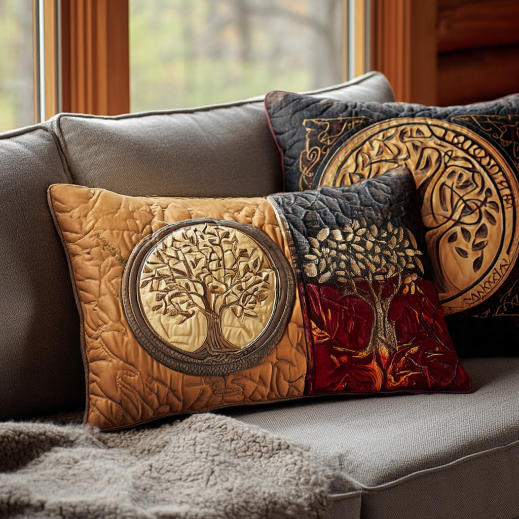 Rustic Tree of Life quilted pillowcase – tree of life in tan and red
