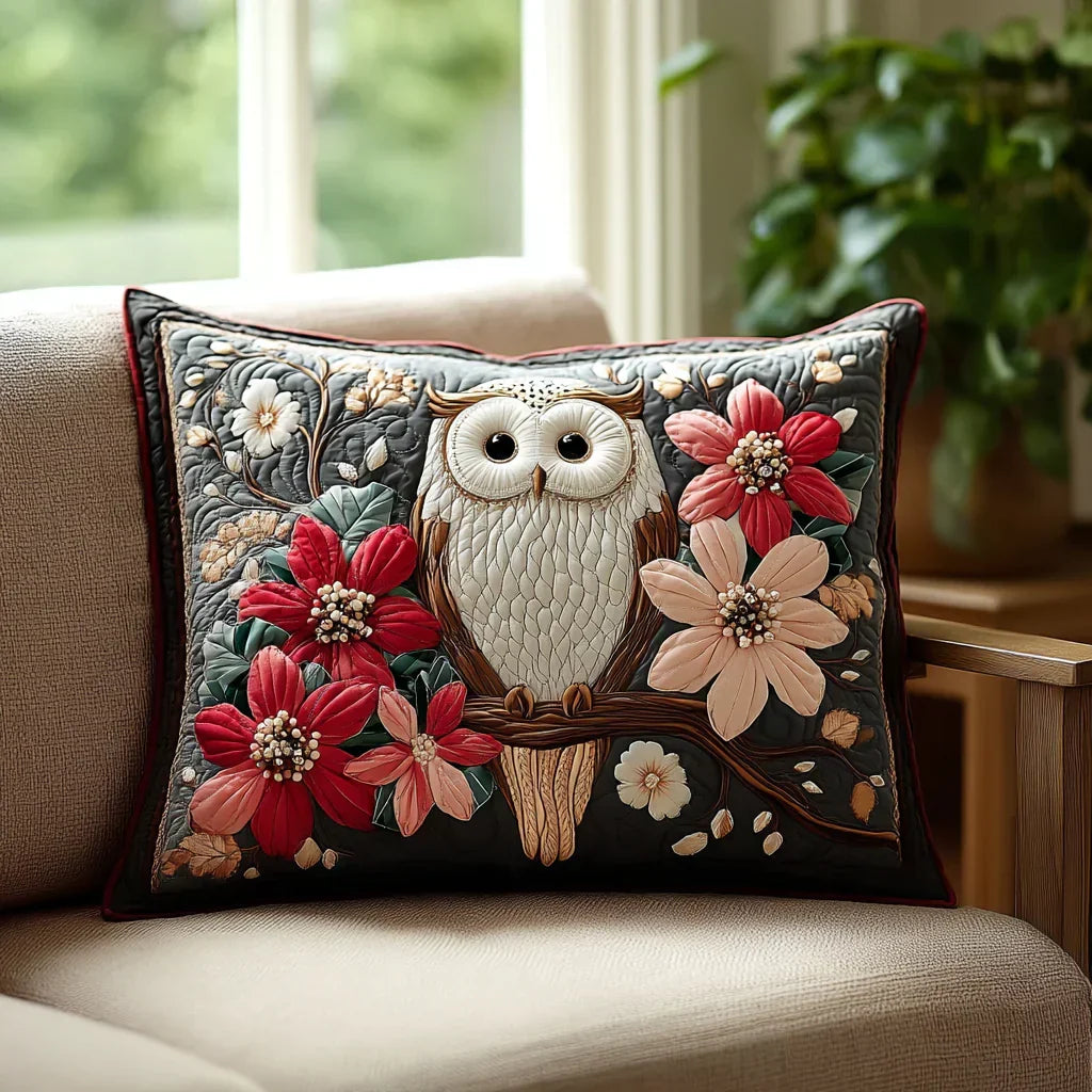 Quilted pillowcase with the Owl's Whisper design of an owl perched among branches and leaves in soft browns and greens