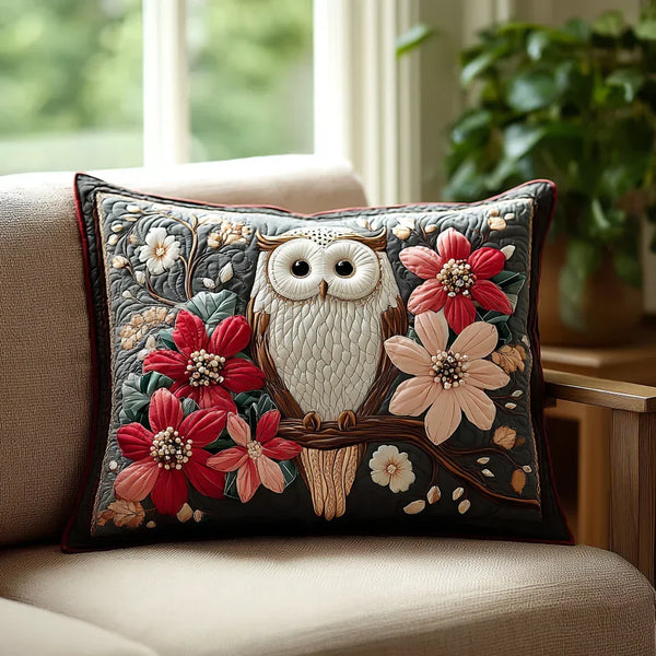 Quilted pillowcase with the Owl's Whisper design of an owl perched among branches and leaves in soft browns and greens