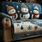 Snowman Bobble Hats quilted sofa cover – snowmen in bobble hats on navy