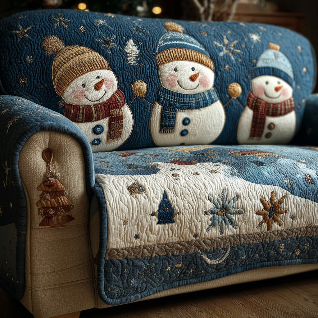 Snowman Bobble Hats quilted sofa cover – snowmen in bobble hats on navy