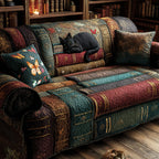 Black Cat Strip Quilt quilted sofa cover – black cat on rich strip patchwork