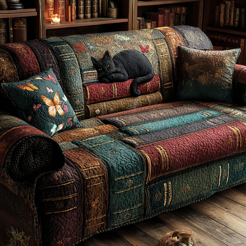 Black Cat Strip Quilt quilted sofa cover – black cat on rich strip patchwork