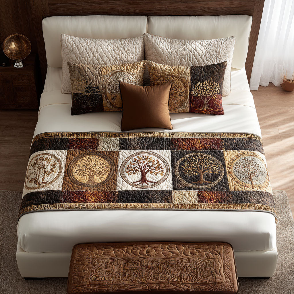 Tree of Life Squares quilted bed runner – tree of life circles in cream squares