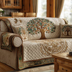 Whispers of Earth quilted sofa cover with a gold and green Tree of Life on ivory framed by Celtic knotwork borders