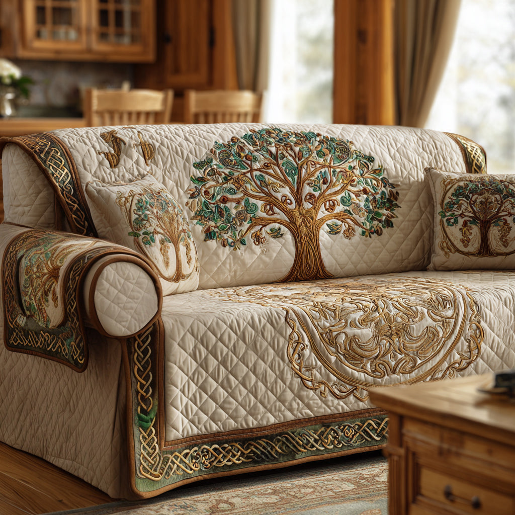 Whispers of Earth quilted sofa cover with a gold and green Tree of Life on ivory framed by Celtic knotwork borders