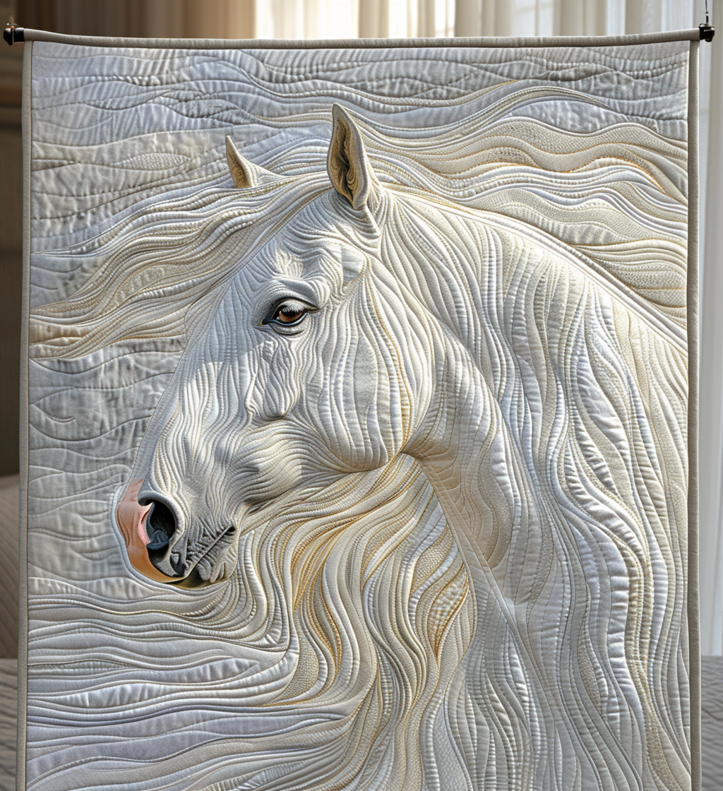 White Horse in Silver quilted throw – white horse in silver and white waves
