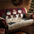 Snowman Welcome quilted sofa cover – snowmen on burgundy