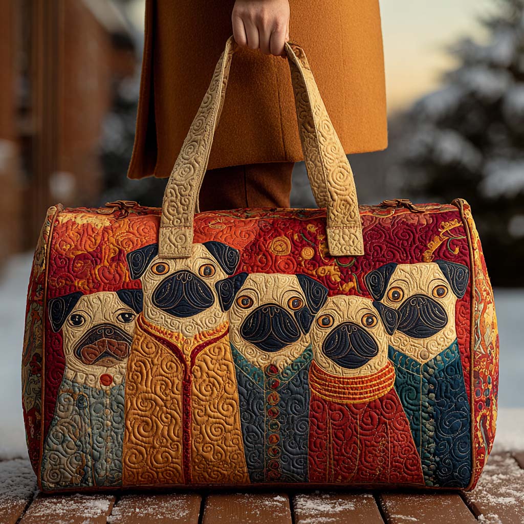 Wiggle Nose Pugs quilted weekend bag – pugs in jumpers