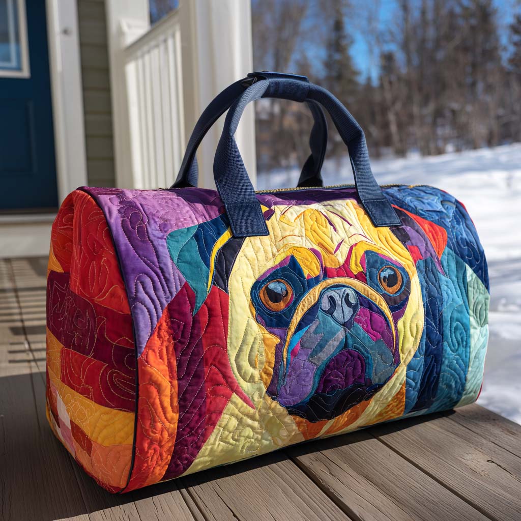 Wiggly Pug quilted weekend bag – patchwork pug face