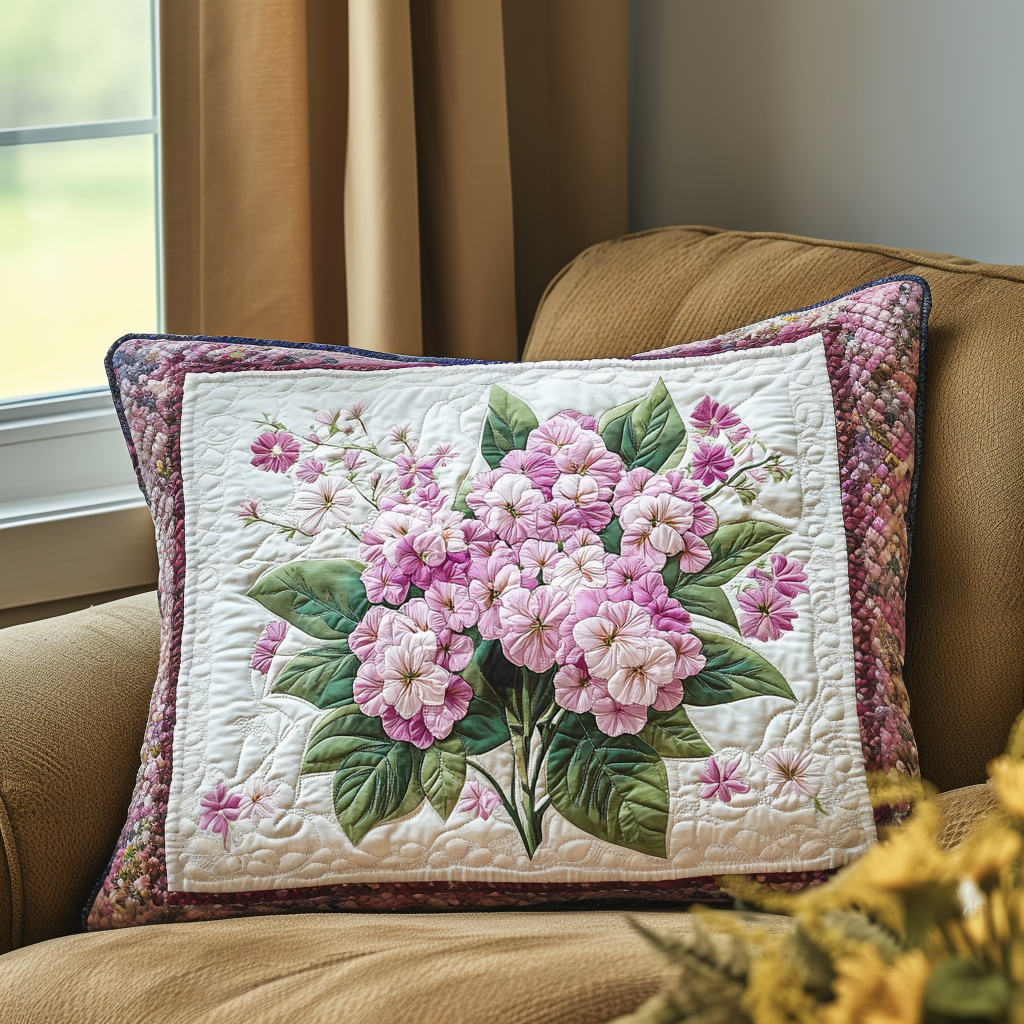 Violet Bouquet quilted pillowcase – pink and violet bouquet on cream