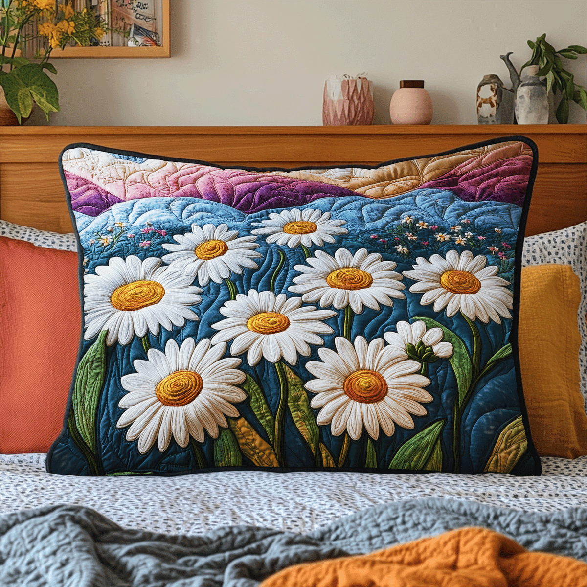 Daisy Hills quilted pillowcase – white daisies with purple hills