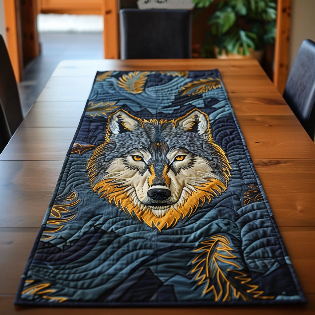 Wild Wolf quilted table runner – wolf on swirling blue