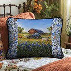 Country Barn Meadow quilted pillowcase – barn and tractor by blue flower field