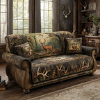 Wilderness Stag quilted sofa cover with a stag in a sunlit woodland clearing, ferns, birch trunks and scattered antlers
