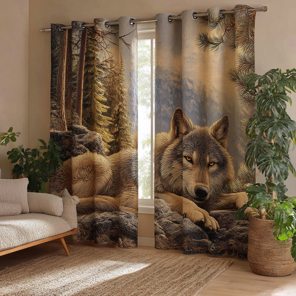Resting Wolf quilted curtains – wolf resting before pines