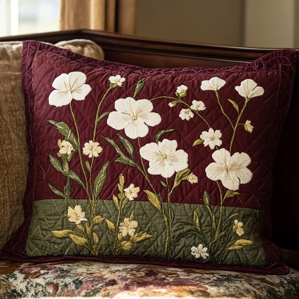Burgundy Wildflowers quilted pillowcase – white wildflowers on burgundy