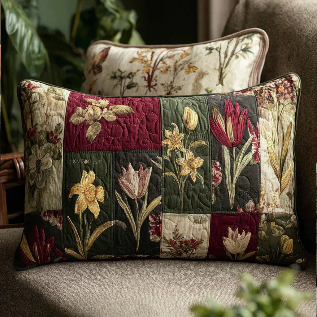Quilted pillowcase with the Wildflowers design of meadow flowers rising through long grasses in cornflower blue, poppy red and buttercup yellow