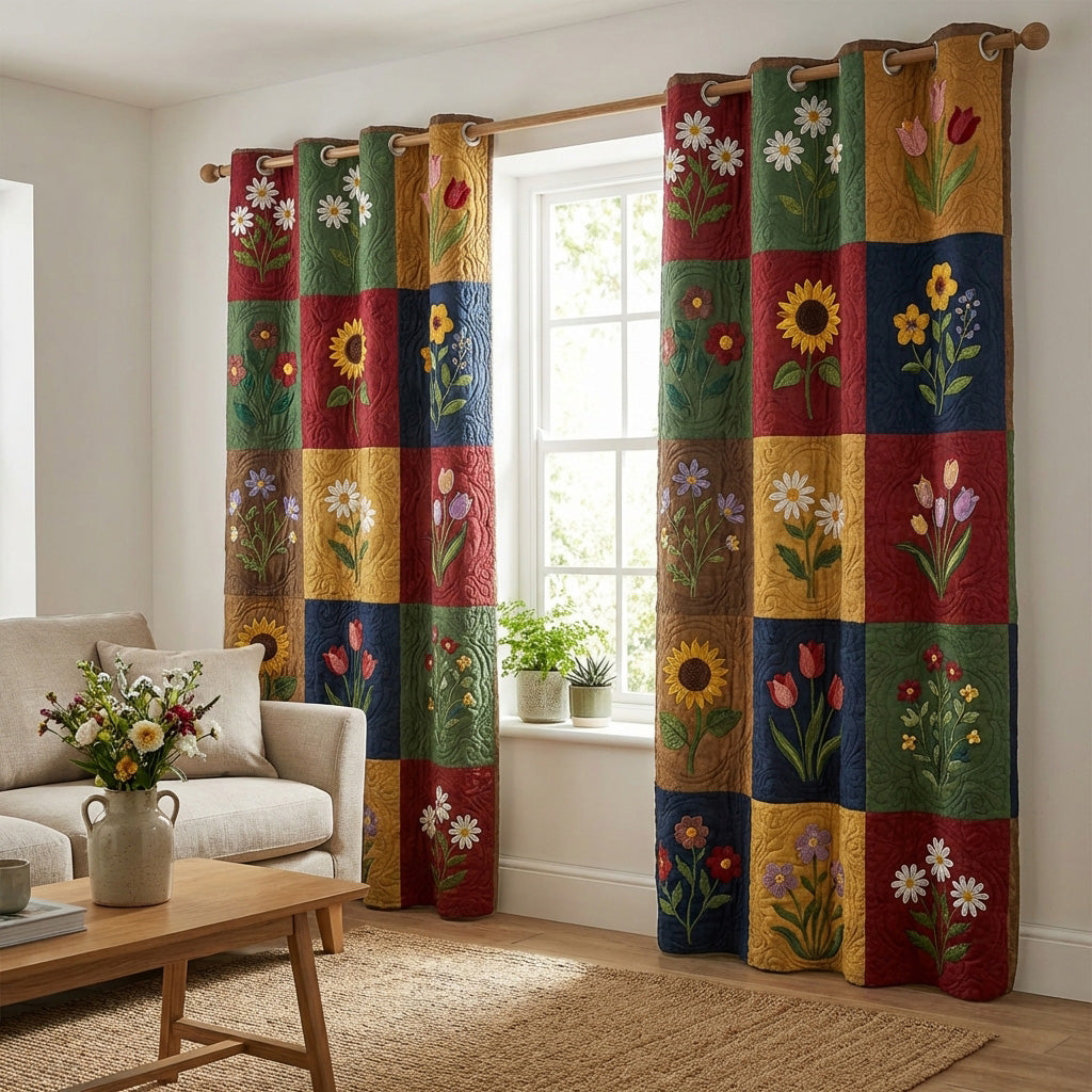 Sunflower Patchwork Squares quilted curtains – sunflowers in bright squares
