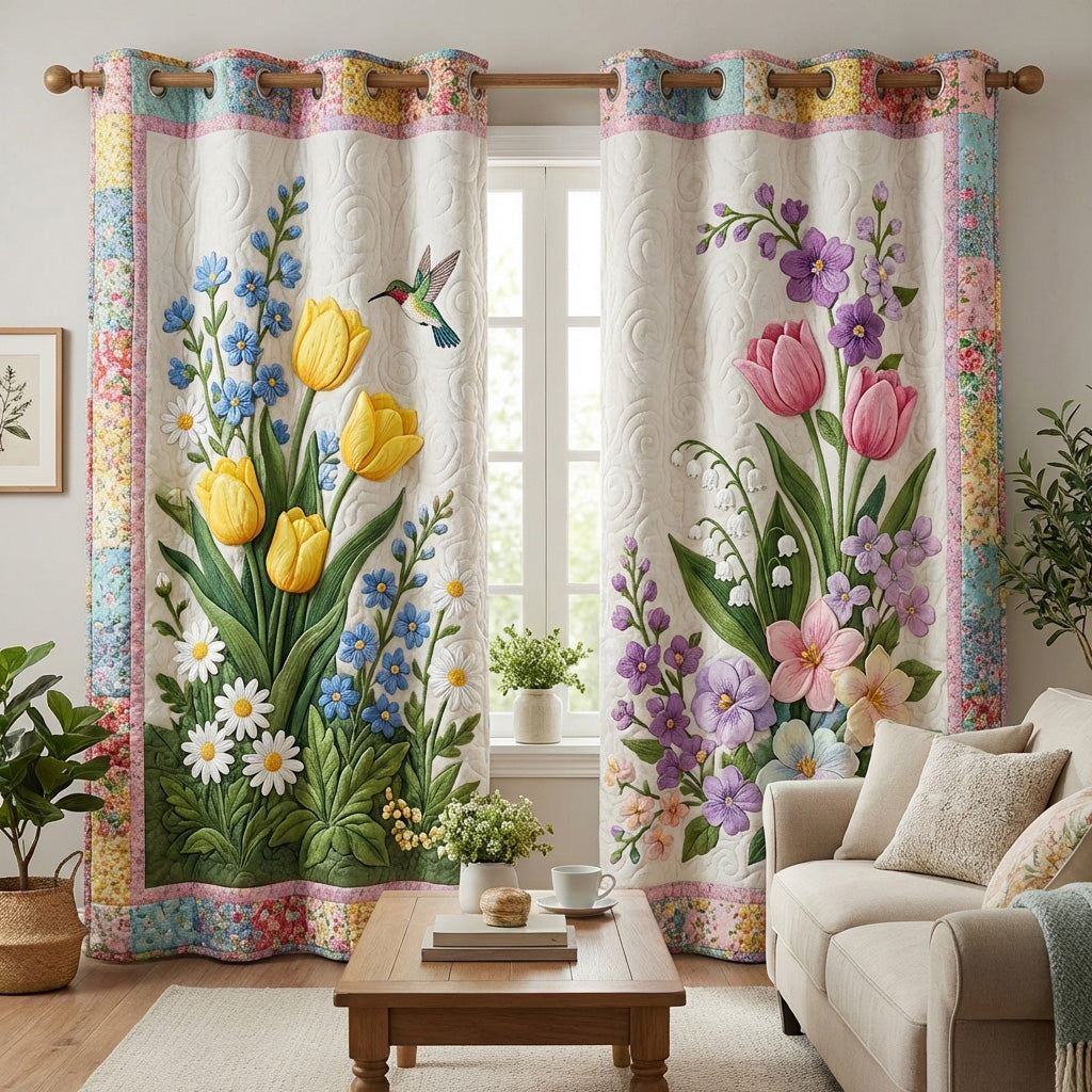 Tulip and Iris Border quilted curtains – tulips and iris on cream