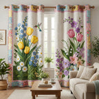 Tulip and Iris Border quilted curtains – tulips and iris on cream