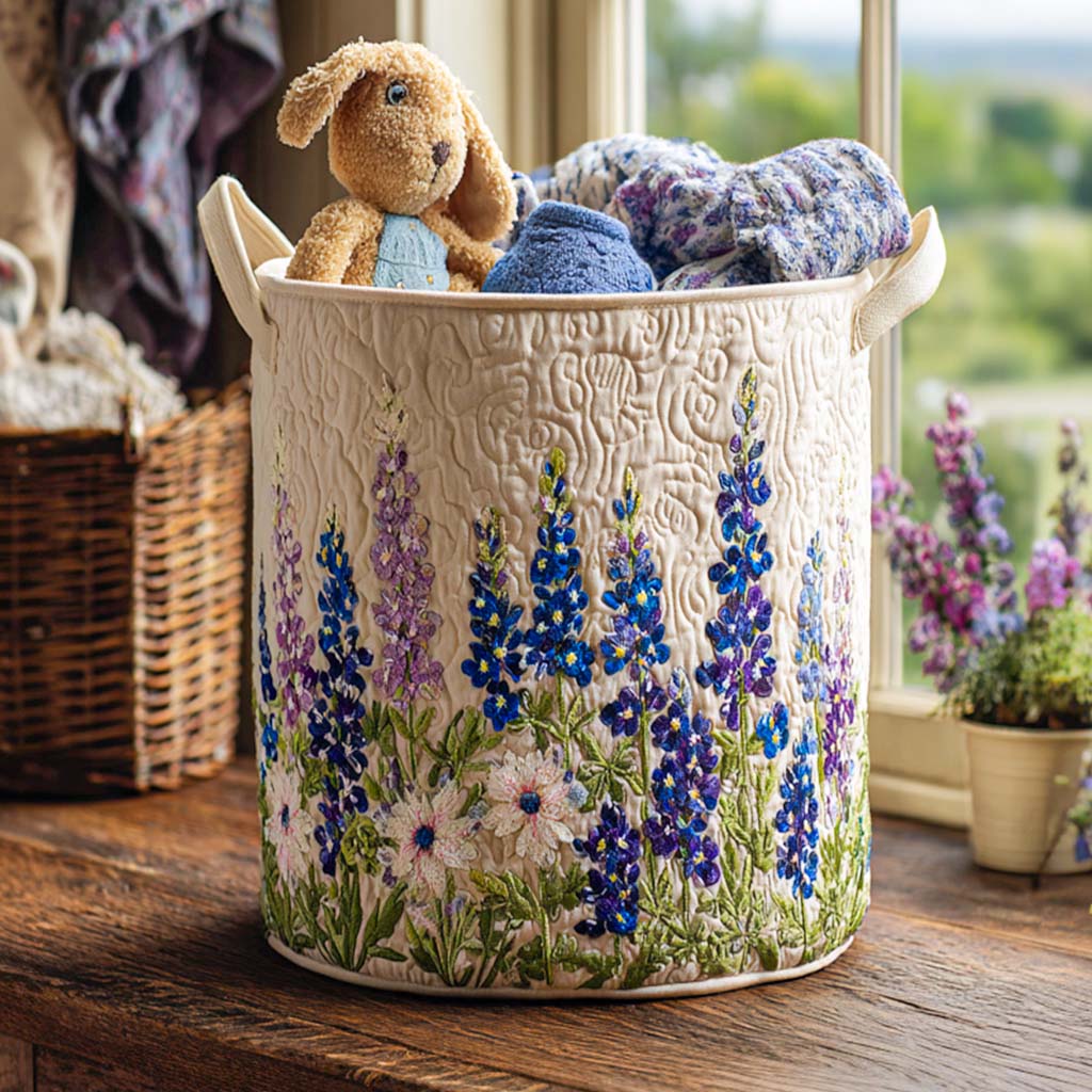 Quilted laundry basket with tall blue lupins and white daisies