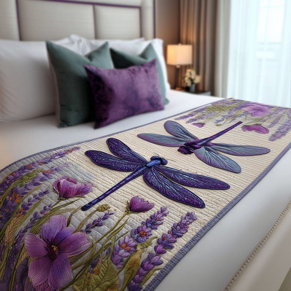 Purple Dragonflies quilted bed runner – purple dragonflies over lavender