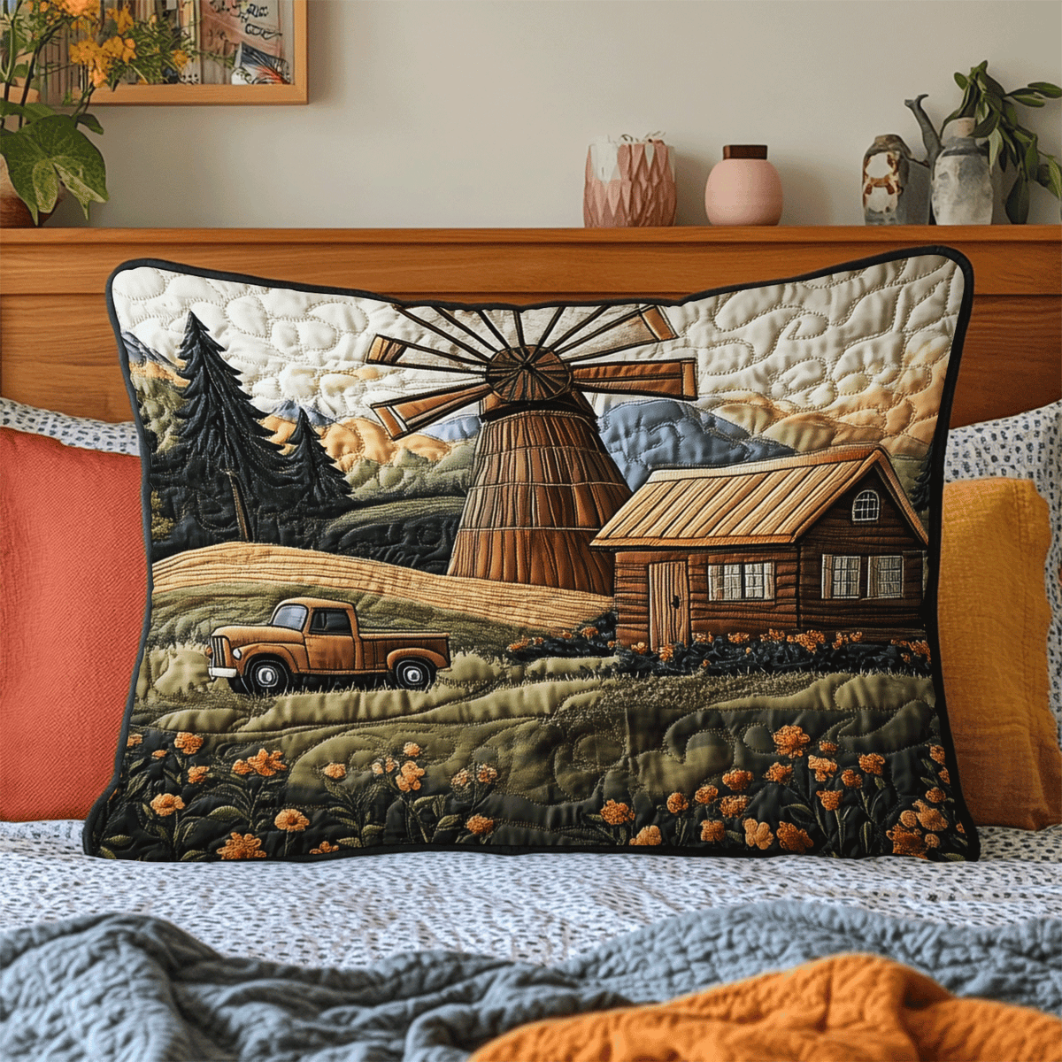 Windmill Farm quilted pillowcase – windmill and farmhouse in golden fields