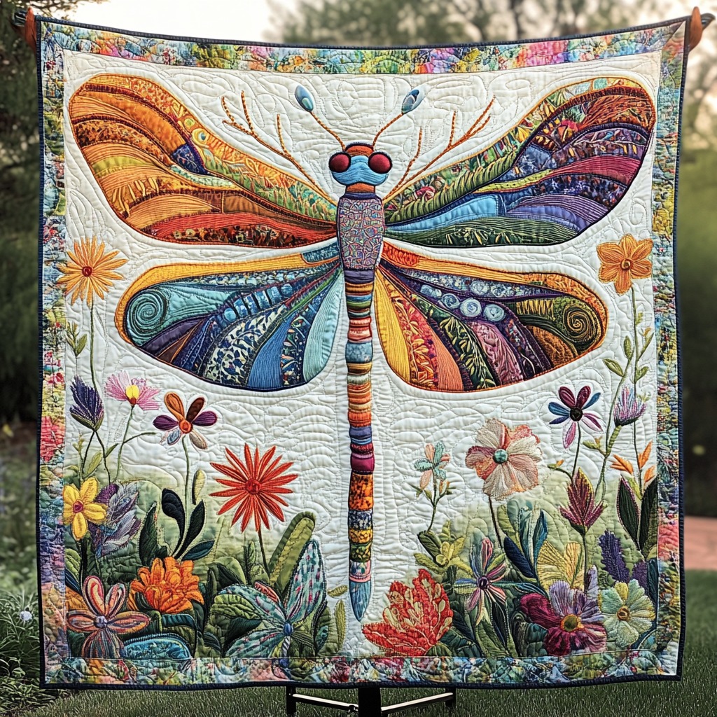 Patchwork Dragonfly quilted throw – dragonfly with patchwork wings over wildflowers
