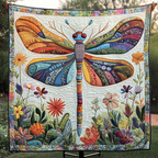 Patchwork Dragonfly quilted throw – dragonfly with patchwork wings over wildflowers