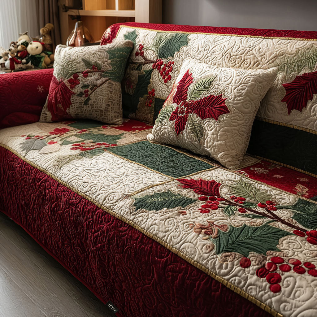 Holly Berry Cream quilted sofa cover – holly and berries on cream