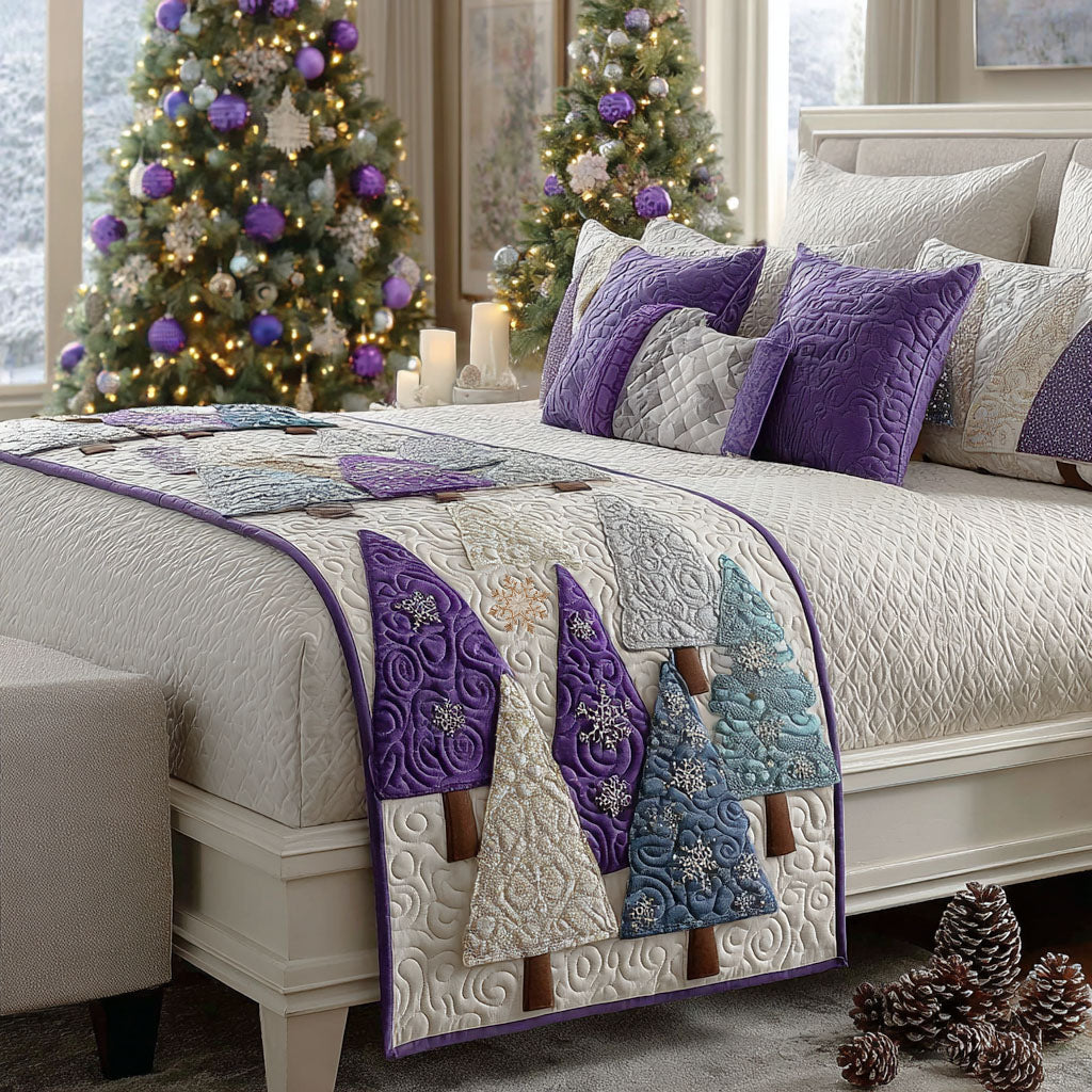 Purple Christmas Trees quilted bed runner – purple and blue Christmas trees on white