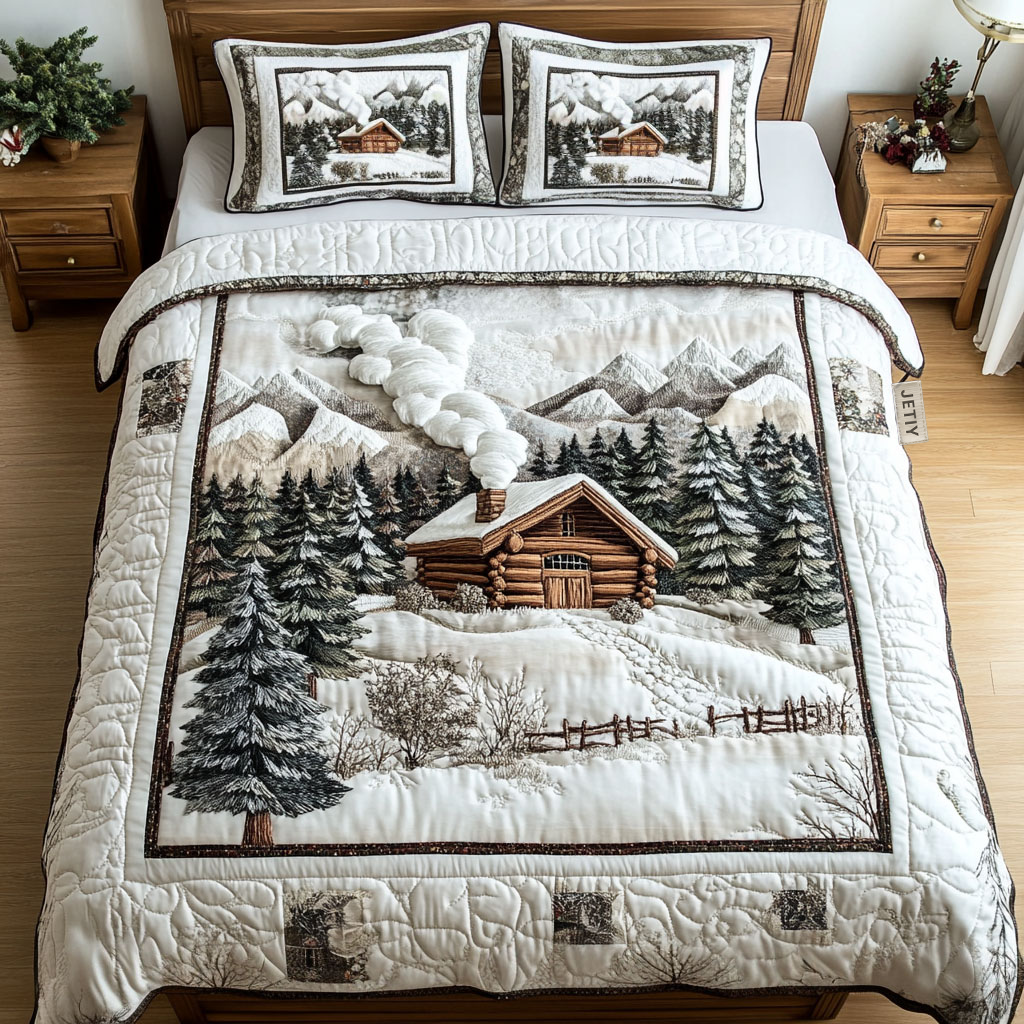 Snowy Mountain Cabin quilted bedspread set – snowy cabin beneath white mountains