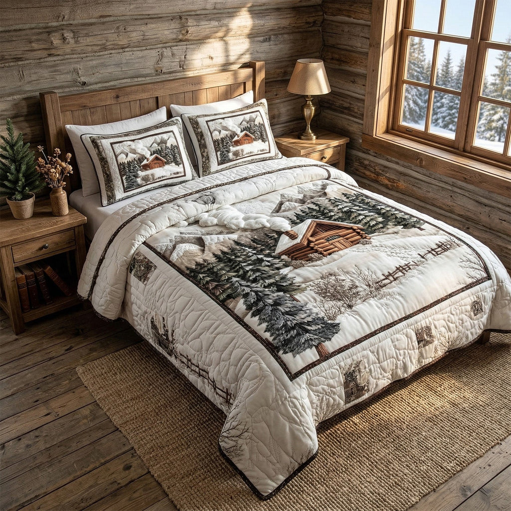 3-Piece Quilted Bedspread Set - Snowy Mountain Cabin – view 2