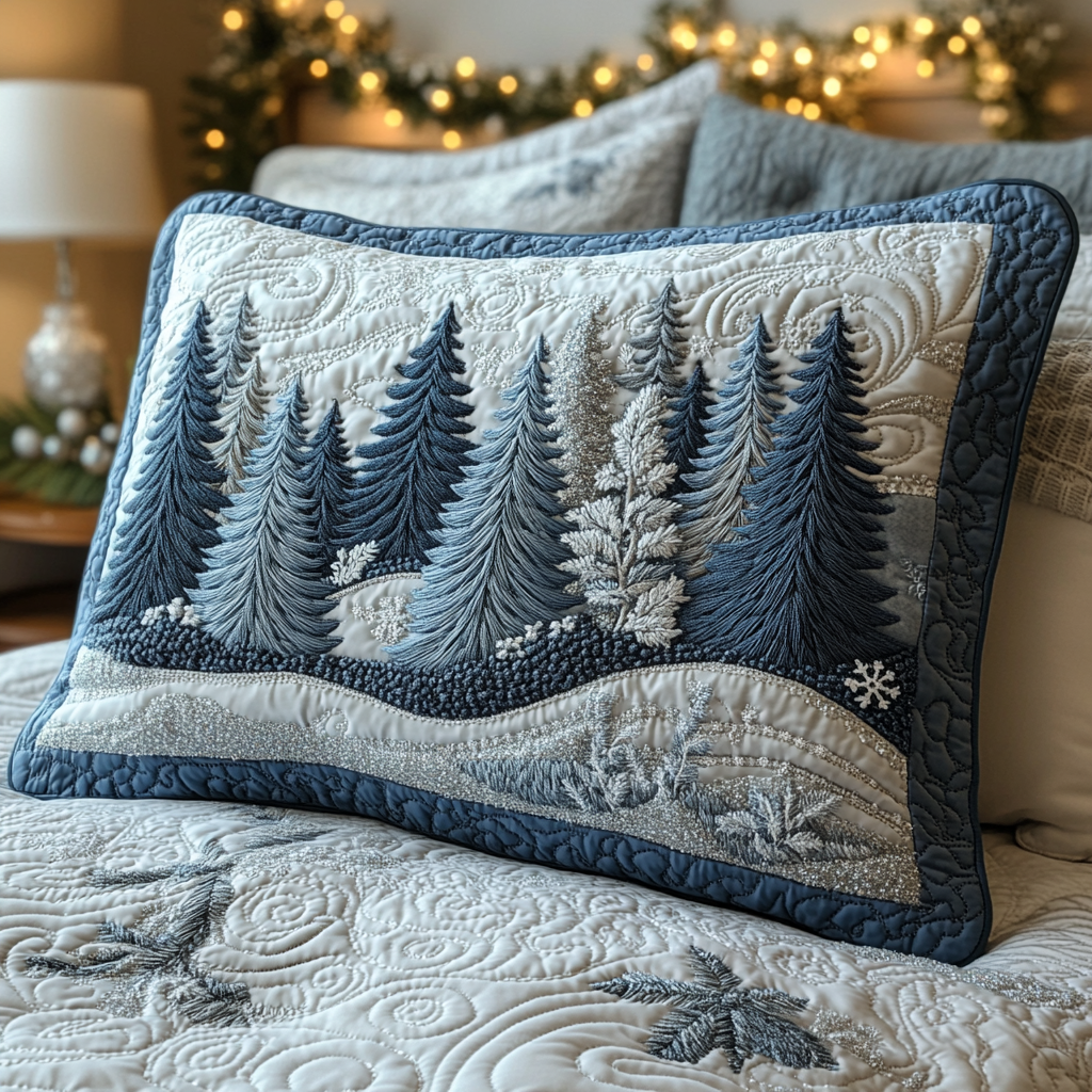 Snowy Pines quilted pillowcase – blue pine trees on snowy hills