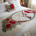 White Horse Wreath quilted bed runner – white horse in a Santa hat with a wreath