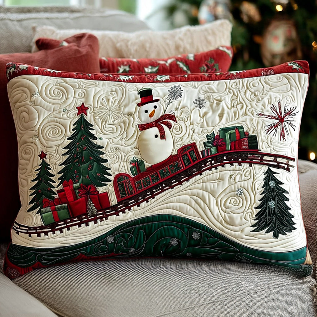 Snowman Express quilted pillowcase – snowman on a red Christmas train