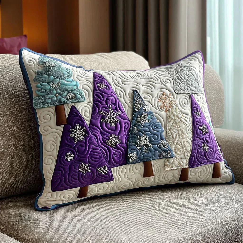 Quilted pillowcase with the Winter Amethyst design of frosted blooms and foliage edged in silver-grey on a deep amethyst ground