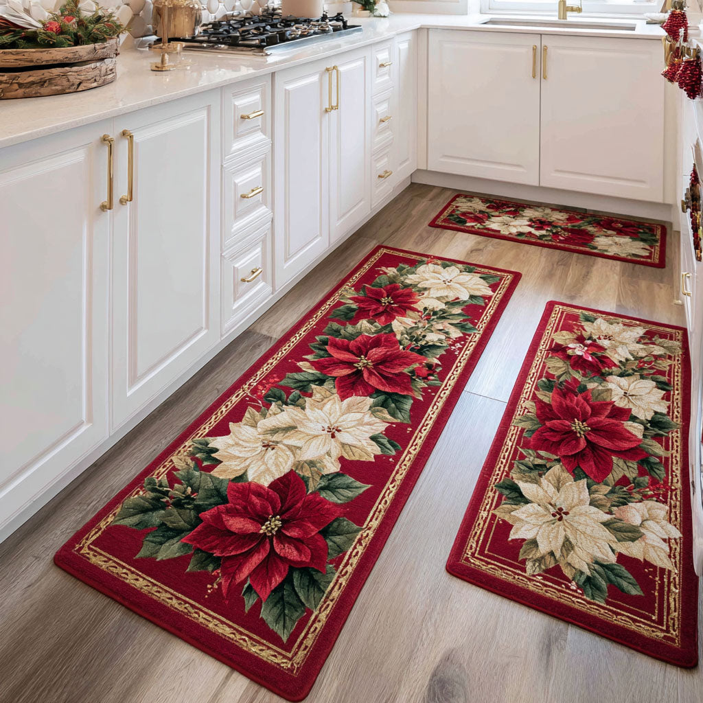 Poinsettia Frame kitchen mat set – poinsettias in red border
