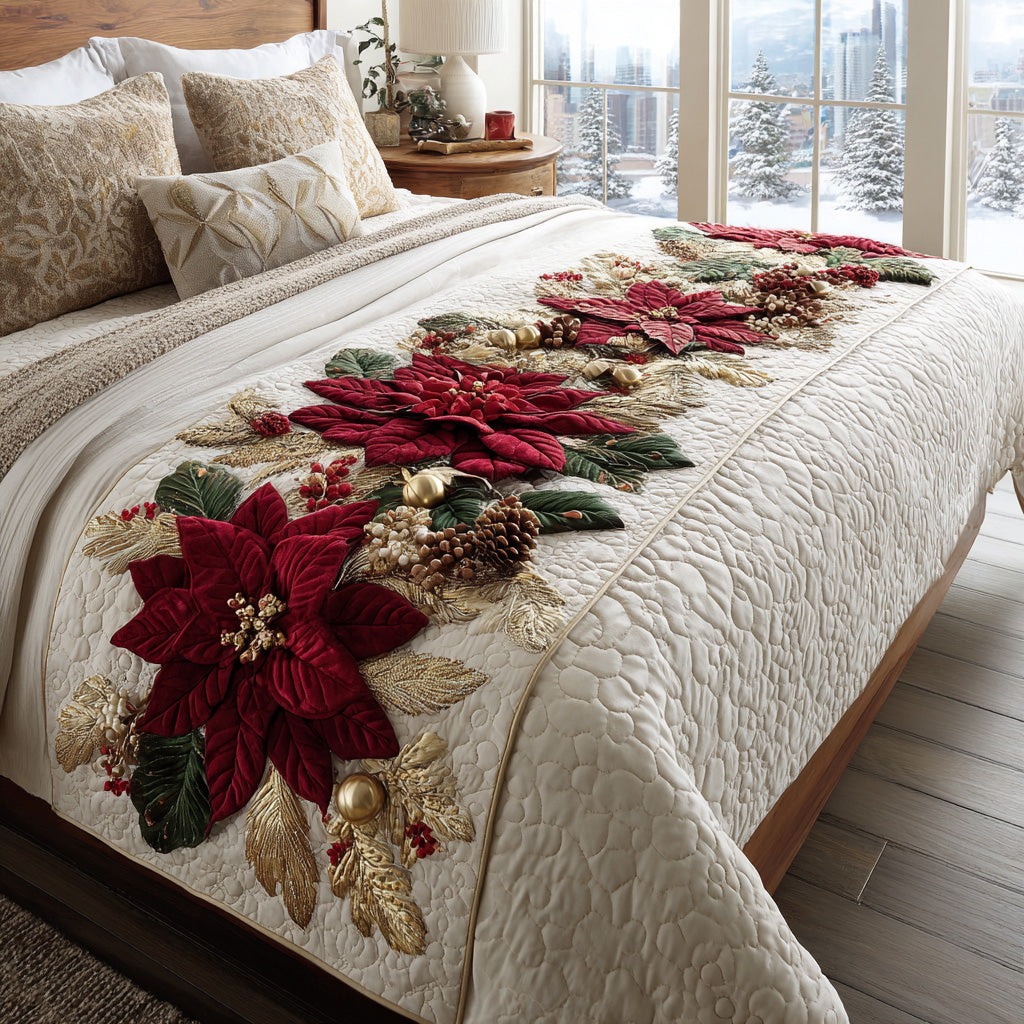 Winter Poinsettias quilted bed runner – red poinsettias and pine cones on cream